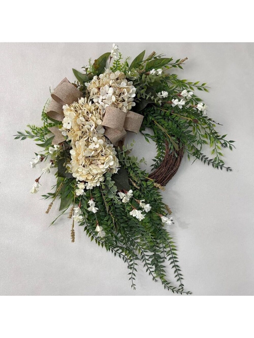 22" Spring Hydrangea Wreath with Burlap Bow | Farmhouse Floral Door Décor